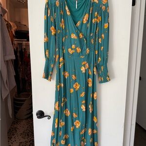 Free People Teal Maxi Dress with Yellow Floral Print